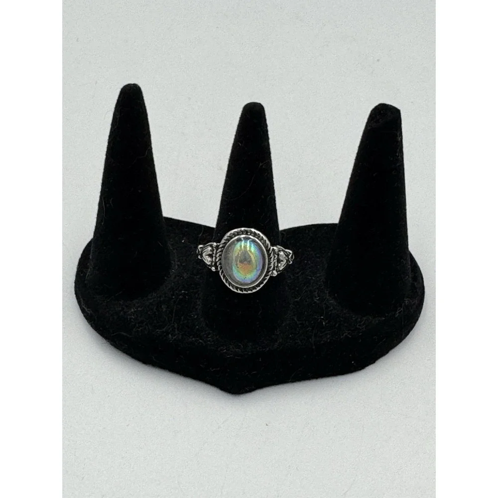 Silver Tone Oval Opal Look Cabochon Boho Vintage Style Ring